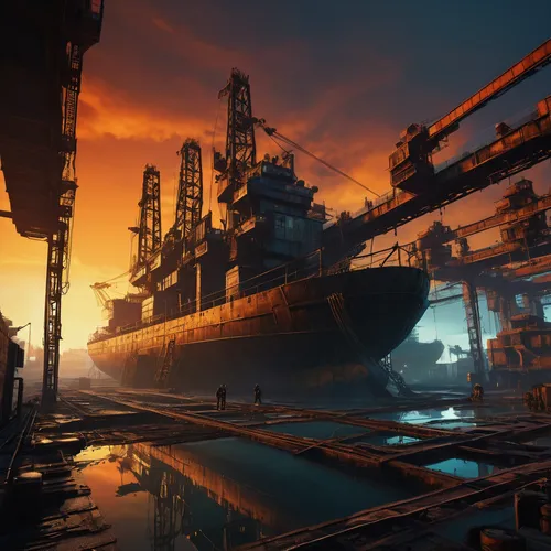 shipyard,oil platform,ship yard,industrial landscape,factory ship,refinery,arnold maersk,industries,heavy water factory,offshore drilling,oil barrels,ore-bulk-oil carrier,cargo port,battleship,oil industry,docks,oil rig,very large floating structure,steel mill,industrial tubes,Art,Artistic Painting,Artistic Painting 20