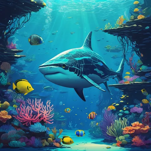 Illustrate a serene underwater world in pixal art,underwater background,dolphin background,aquarium,aquarium inhabitants,aquarium decor,underwater world,ocean background,cetacea,underwater landscape,o