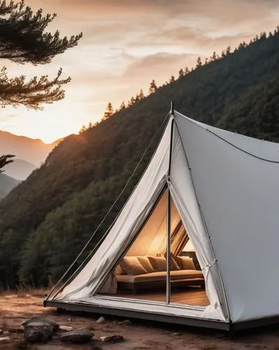 Luxury camping, modern architecture, unique tent shape, white fabric, metal frame, triangular structure, transparent windows, cozy interior lighting, wooden floor, minimalistic decoration, mountainous