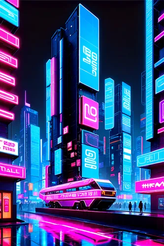 Modular art, futuristic architecture, neon lights, glowing circuits, metallic structure, geometric shapes, interconnected modules, sleek lines, reflective surfaces, 3D composition, high contrast light