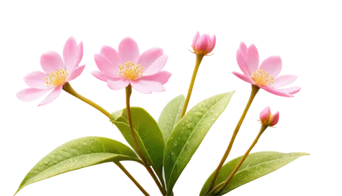 Delicate small pink petals, yellow flower centers, five-petaled, soft gentle curves, intricate details, morning dew drops, tender stems, lush green leaves, warm sunlight, shallow depth of field, 3/4 c