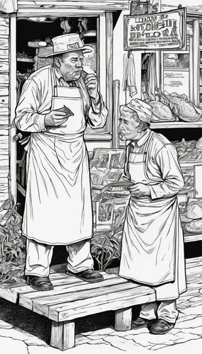 butcher shop,fishmonger,vendors,shopkeeper,bakery,red hen,food line art,clerk,workers,chefs,small business,chef,greengrocer,butchery,men chef,barber shop,soup kitchen,coloring page,butcher,fish market,Illustration,Black and White,Black and White 06