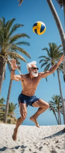 Old man, muscular build, silver hair, beard, sunglasses, speedos, beach volleyball, jumping high, spiking ball, sunny day, blue sky, palm trees, white sand, ocean waves, coastal path, fitness enthusia