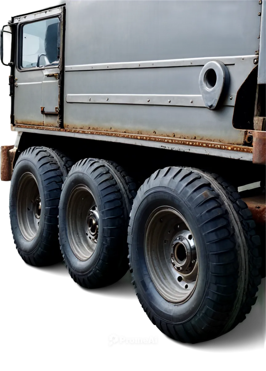 Trailer, rusty metal body, wheels with nuts, silver hubcaps, connected to a truck, towing rope, attached luggage rack, side mirrors, rear lights, mudguards, diesel engine, exhaust pipe, detailed wheel