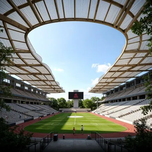 \Sleek modern stadium, cantilevered rooflines, exposed steel structures, translucent polycarbonate panels, durable concrete floors, vibrant LED lighting, tiered seating arrangements, lush green turf, 