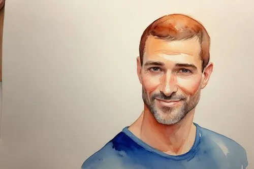 a man with a bald head is shown in this watercolor painting,serj,djorkaeff,watercolor sketch,schaub,rudiger,cantona,Illustration,Paper based,Paper Based 24