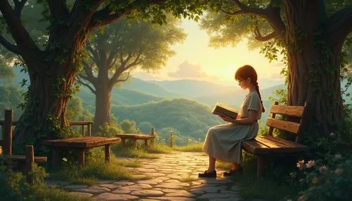 little girl reading,storybook,arrietty,fantasy picture,girl studying,idyll,world digital painting,fairy tale,reading,summer evening,a fairy tale,fantasy landscape,fairytale,fablehaven,romantic scene,book wallpaper,read a book,nasmith,nook,ghibli,Photography,General,Realistic