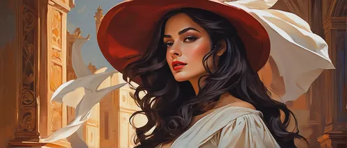 panama hat,red hat,the hat of the woman,romantic portrait,victorian lady,art painting,geisha girl,italian painter,meticulous painting,the hat-female,woman's hat,world digital painting,red riding hood,mystical portrait of a girl,fantasy portrait,oil painting,woman at cafe,girl wearing hat,geisha,vintage woman,Conceptual Art,Daily,Daily 24