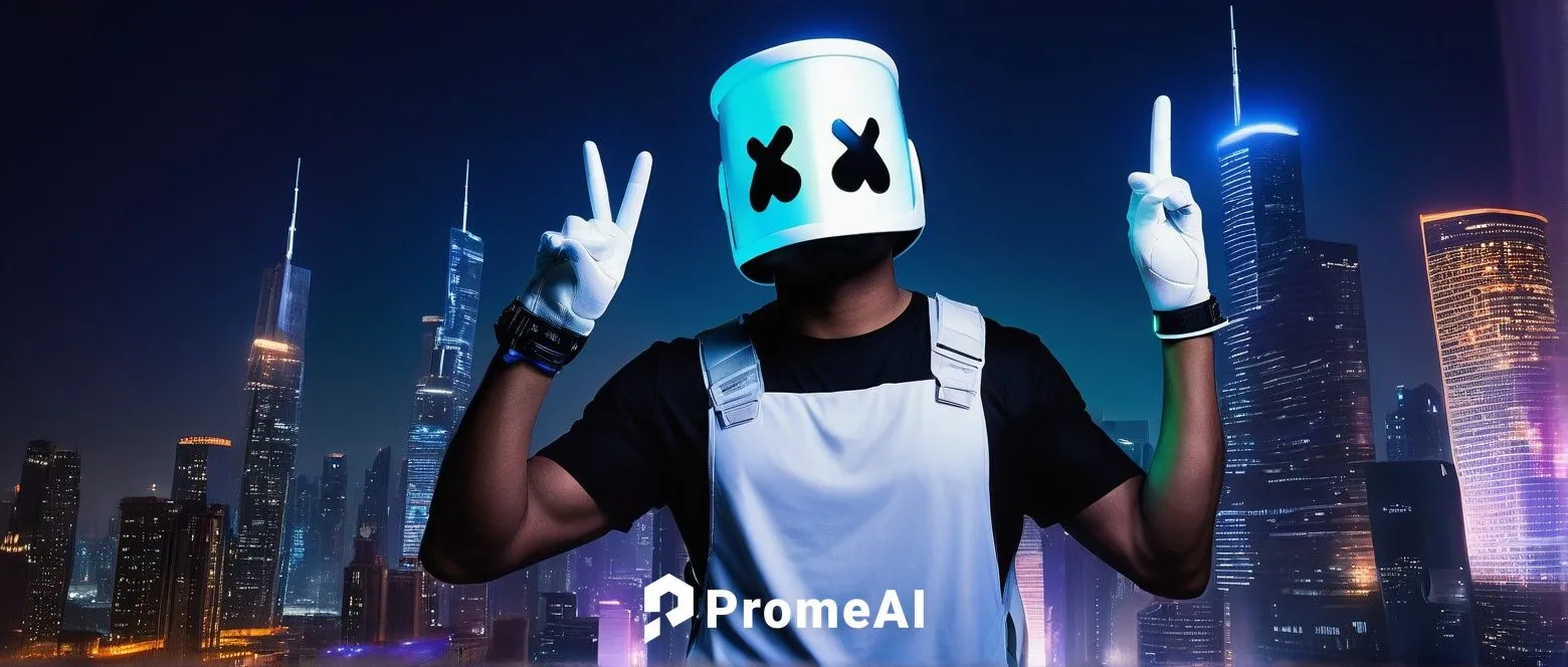 Marshmello helmet, white and blue color scheme, glossy finish, futuristic design, DJ equipment, colorful LED lights, neon glow, dark background, spotlight shining down, dramatic shadows, dynamic pose,