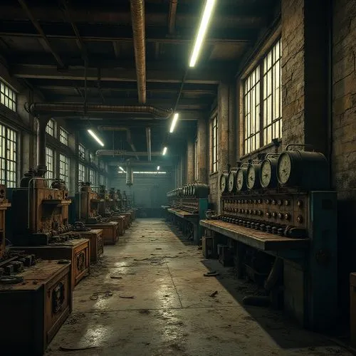 Industrial factory, abandoned machinery, rusty pipes, concrete floor, dim fluorescent lights, old wooden crates, worn-out conveyor belts, dusty windows, steel beams, peeling paint, broken clocks, vint