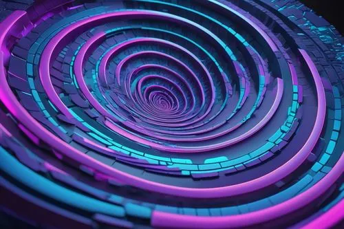 Surreal digital art, futuristic ai-generated spiral pattern, vibrant neon colors, glowing blue-purple gradient, intricate swirling shapes, mesmerizing optical illusion, hypnotic vortex, metallic refle