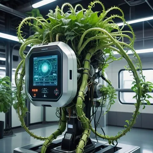 Photorealistic lifelike 4K.  A strange non-terrestrial species of sentient highly intelligent plants with prehensile vines and tendrils wearing complex and detailed high-tech futuristic ultramodern au