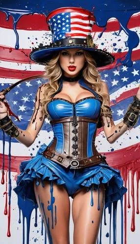  female warrior taylor swift steampunk hat blue, big breast, in an alien world, usa flag
,americana,patriot,patriotic,america,usa,american,patriotism,united states of america,flag day (usa),uncle sam,