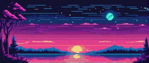 retro background,dusk,pixel art,dusk background,80's design,lagoon,futuristic landscape,retro styled,aesthetic,horizon,acid lake,evening lake,background screen,oasis,screen background,alien world,alien planet,aurora colors,meteor,retro,Unique,Pixel,Pixel 04