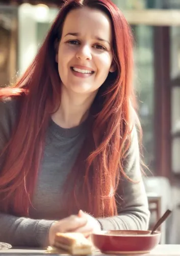 Woman with dark brown eyes, long red hair, wearing urban clothes,red hair,redhair,red-haired,maci,killer smile,a girl's smile,smiling,fizzy,redheads,adorable,woman eating apple,barista,dimple,woman dr