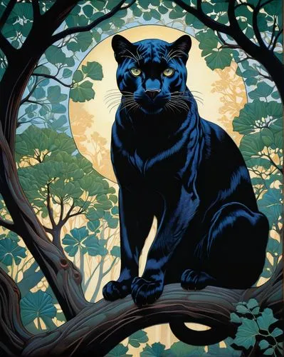 bulgakov,bluestar,blacksad,bagheera,panther,pyewacket,black cat,panthera,tchalla,welliver,salem,panther mushroom,bubastis,tretchikoff,melanistic,felidae,melanism,tigerstar,cat on a blue background,sematary,Illustration,Realistic Fantasy,Realistic Fantasy 11