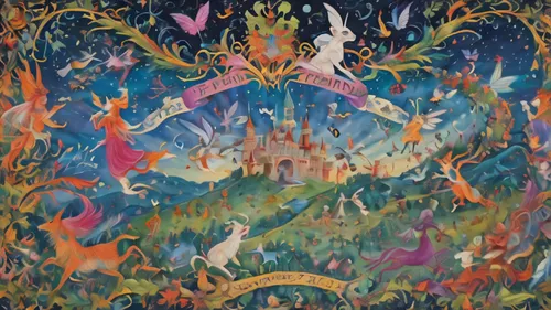 fairy world,tapestry,fantasia,beltane,ayahuasca,fairyland,pyre,majnun,ostara,stettheimer,kadath,alebrije,fantasy world,fairy galaxy,zodiac,magicienne,fairy forest,alfheim,bird kingdom,samsara,Illustration,Realistic Fantasy,Realistic Fantasy 02