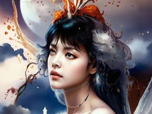 the girl with an elaborate feather on her head,diaochan,amano,geisha girl,amaterasu,diwata,xiaoyu,Illustration,Realistic Fantasy,Realistic Fantasy 01