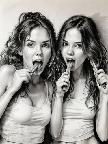 two women brushing their teeth in black and white,anorexia,woman eating apple,mouthfuls,harmonicas,prinsloo,bulimia,Illustration,Black and White,Black and White 30