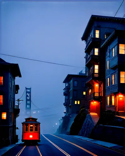 Dark San Francisco, cityscape, night scene, skyscrapers, foggy atmosphere, misty streets, dim streetlights, Victorian houses, steep hills, cable cars, Golden Gate Bridge, dark blue tone, low-key light