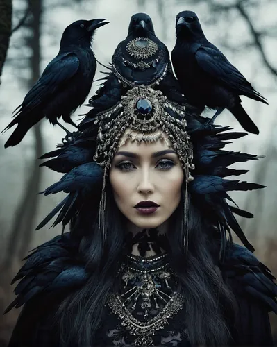 crow queen,black raven,shamanic,headdress,shamanism,gothic fashion,black crow,feather headdress,raven bird,dark angel,raven girl,gothic woman,gothic style,warrior woman,shaman,priestess,indian headdress,raven,birds of prey,headpiece,Photography,Artistic Photography,Artistic Photography 12