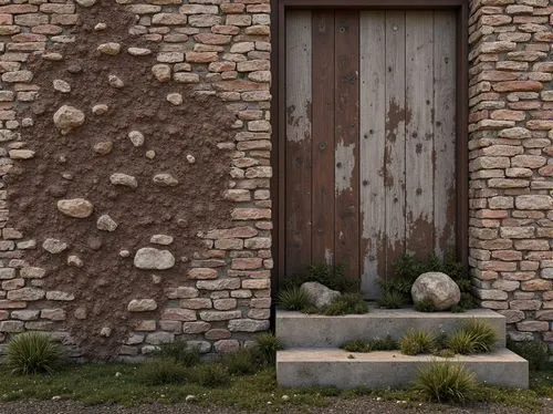 Rough stone walls, distressed wood planks, weathered metal panels, tactile brick facades, organic pebbledash surfaces, irregular rocky formations, aged concrete textures, moss-covered stones, lichen-d