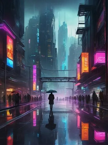 cyberpunk,cityscape,futuristic landscape,bladerunner,cybercity,walking in the rain,metropolis,colorful city,urban,world digital painting,atmospheres,rainfall,fantasy city,dystopias,vapor,dystopian,pedestrian,cyberscene,cybertown,synth,Illustration,Abstract Fantasy,Abstract Fantasy 01