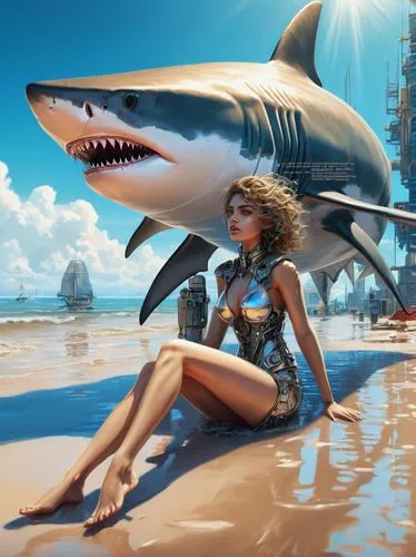 girl with a dolphin,requin,temposhark,mayshark,donsky,sci fiction illustration,nekton,megalodon,shark,fantasy picture,sharklike,sharks,carcharodon,wireshark,great white shark,tigershark,fantasy art,world digital painting,underwater background,atlantis,Conceptual Art,Sci-Fi,Sci-Fi 03