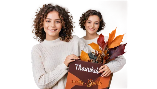 Grateful girl, warm smile, gentle eyes, curly brown hair, soft makeup, white sweater, holding a thankful sign, autumn leaves, cozy atmosphere, natural lighting, 3/4 composition, shallow depth of field