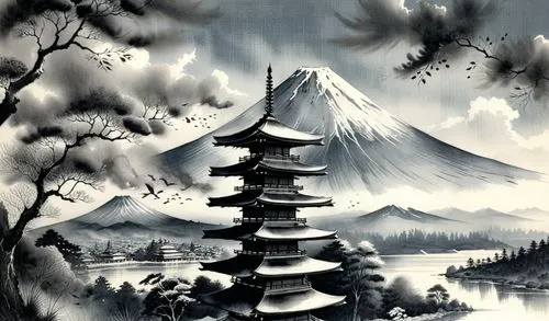 Mount Fuji and Pagoda,a drawing of a pagoda in the background of a mountain,japanese art,ukiyoe,japan landscape,kamiizumi,japanese background,cool woodblock images,Illustration,Paper based,Paper Based