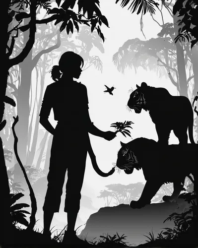 animal silhouettes,she feeds the lion,forest animals,lionesses,animals hunting,monkey island,hunting scene,female silhouette,tarzan,mowgli,silhouette art,couple silhouette,woodland animals,mouse silhouette,human and animal,zookeeper,women silhouettes,tropical animals,silhouettes,the silhouette,Illustration,Black and White,Black and White 33