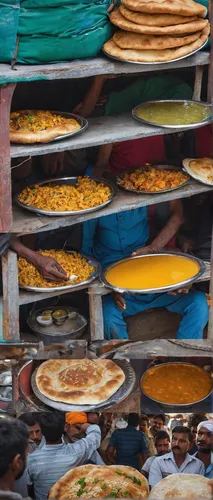 truck drivers having chhole bhatura, a traditional Indian breakfast, at a makeshift restaurant set up at a truck depot outside of Delhi.,rajasthani cuisine,market stall,eritrean cuisine,pakistani cuis