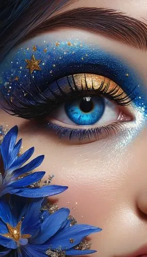 blue daisies,blue petals,peacock eye,cosmic eye,ojos azules,glitter eyes,starflower,fantasy art,eyes makeup,women's eyes,the blue eye,cosmic flower,blue eyes,faery,forget me not,fairy galaxy,blue star,motifs of blue stars,blue moon rose,blue eye,Conceptual Art,Daily,Daily 26