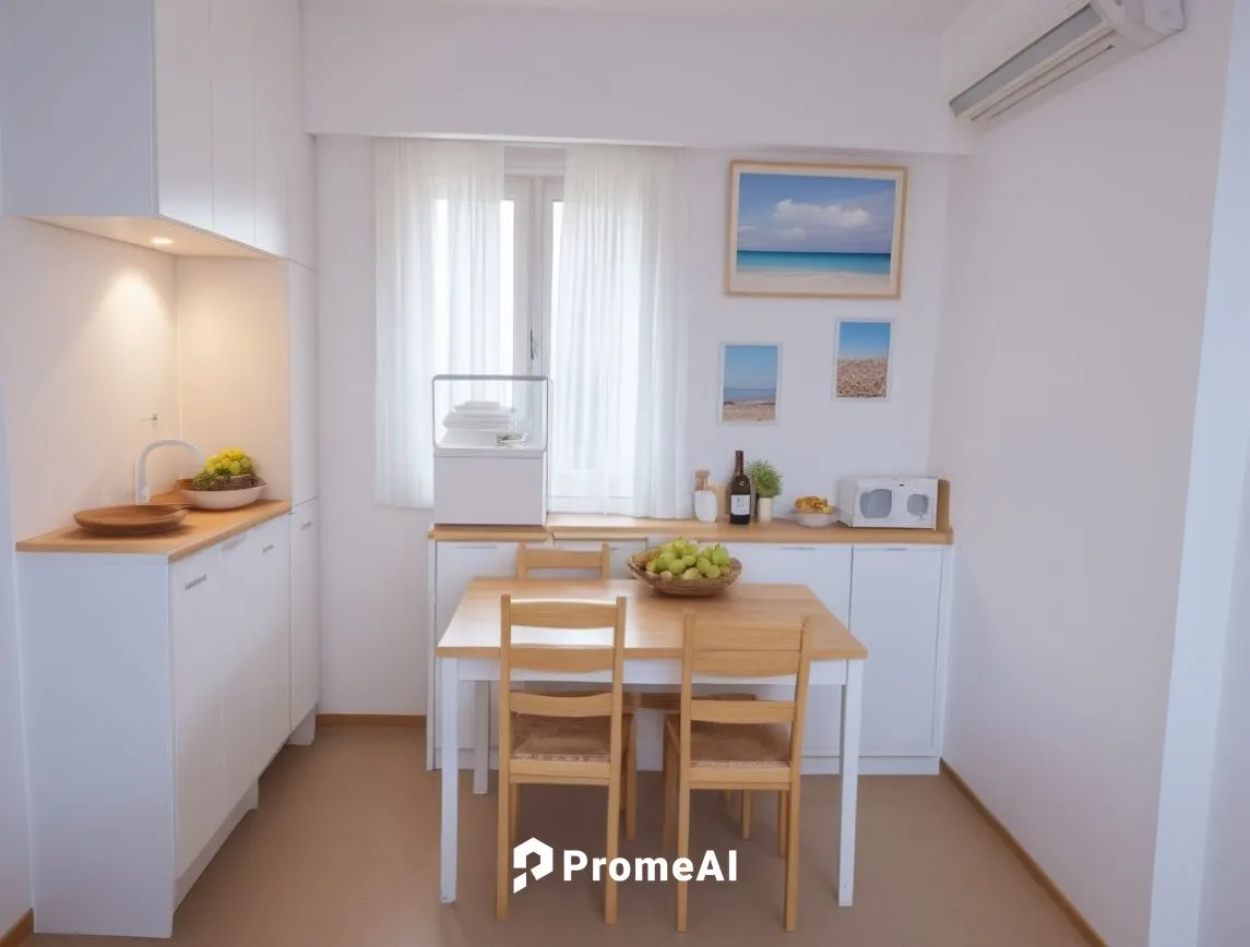 白色為主,a small kitchen with dining table and fridge,kitchen interior,kitchenette,kitchen,the kitchen,modern kitchen interior,appartment,Photography,General,Realistic