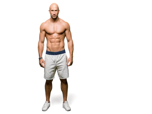 Bald, adult, male, muscular, athletic build, confident facial expression, no hair, strong jawline, prominent nose, piercing brown eyes, bare chest, ripped abs, sporty attire, casual wear, standing pos