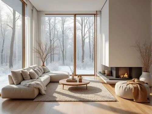 winter window,winter house,coziness,scandinavian style,modern minimalist lounge,fire place