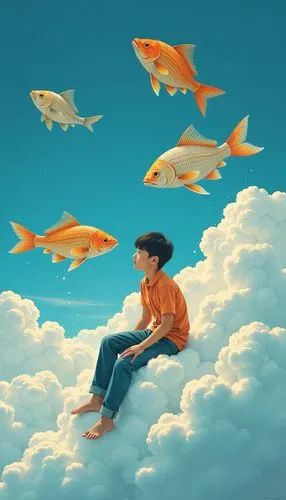 goldfish,school of fish,clouds - sky,gold fish,surrealism,poissons