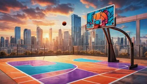 Modern architectural design, portable basketball court, sleek metal framework, retractable roof, glossy floor, vibrant court lines, basketball hoop with net, urban cityscape background, skyscrapers, s