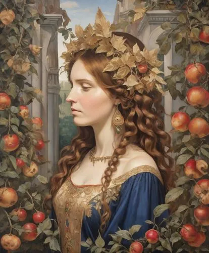 girl picking apples,girl in a wreath,arcimboldi,woman eating apple,arcimboldo,perugini,Digital Art,Impressionism