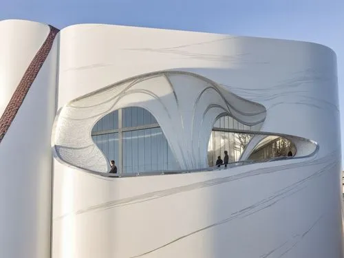 a white and silver architecture screen creates a curvy library design from a human perspective on a street.,folding roof,futuristic architecture,cubic house,heatherwick,futuristic art museum,futurosco