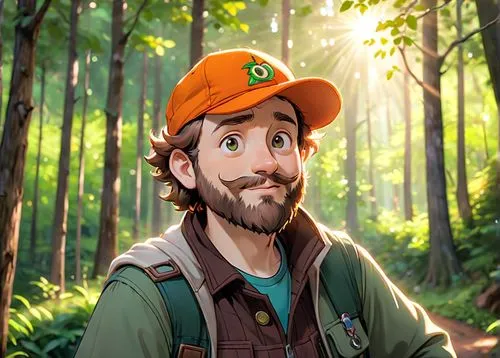 A 45 year old man, he is a forester, he is wearing an orange cap with a logo on it, his beard is chesnuts colored, he is wearing forester clothes green and brown colored, he has a few rickles on his f