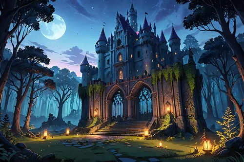 fairy tale castle,gothic architecture,fantasy landscape,witch's house,haunted cathedral,fairytale castle,fantasy picture,castle of the corvin,ghost castle,haunted castle,gothic style,hogwarts,fantasy art,witch house,gothic,devilwood,fairy tale,a fairy tale,knight's castle,moonlit night,Anime,Anime,General