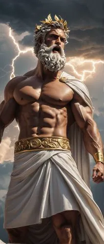 Greek god, strong muscular male, flowing white toga, golden laurel wreath, beard, angry facial expression, holding lightning bolt, standing on Mount Olympus, cloudy sky, stone pedestal, intricate marb