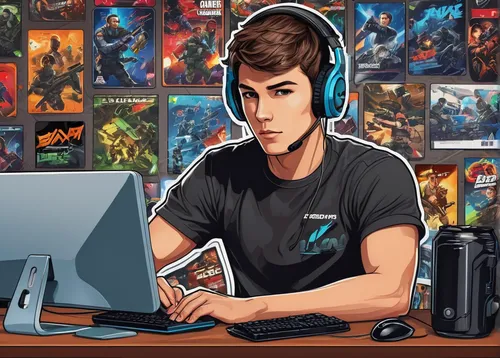 game illustration,vector art,vector illustration,fan art,the fan's background,lan,vector graphic,vector image,man with a computer,gamer,jim's background,edit icon,t1,twitch icon,owl background,dj,the community manager,gamer zone,streaming,background image,Unique,Design,Sticker