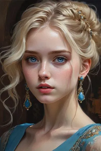 fantasy portrait,elsa,jessamine,fantasy art,cinderella,mystical portrait of a girl,fairy tale character,heroic fantasy,world digital painting,romantic portrait,portrait of a girl,blue enchantress,girl portrait,eglantine,princess' earring,the blue eye,cepora judith,portrait background,celtic queen,oil painting,Conceptual Art,Fantasy,Fantasy 15