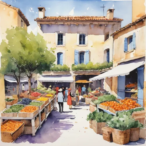 provencal life,watercolor shops,provence,farmer's market,farmers market,fruit market,vegetable market,mirepoix,aix-en-provence,market vegetables,watercolor painting,watercolor paris shops,watercolor,watercolor cafe,the market,market,watercolors,marketplace,vegetables landscape,market place,Illustration,Paper based,Paper Based 07