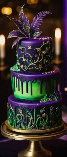 Whimsical wedding cake, Beetlejuice theme, vibrant purple and green colors, intricate sugar work decorations, edible gold leaf details, ornate cake stand, 3-tiered cake structure, fondant icing, spark