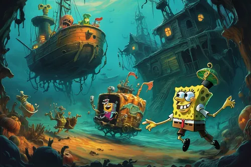 Design a spooky drawing of SpongeBob and the Flying Dutchman haunting the Chum Bucket,house of sponge bob,sponge bob,under sea,pirate treasure,under the sea,bottom of the sea,shipwreck,the bottom of t