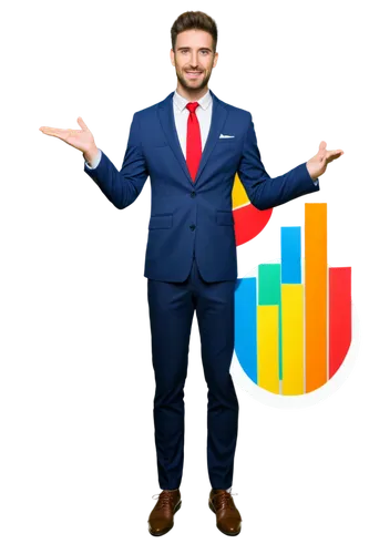 Chart, statistical graph, colorful bars, 3D pie chart, grid background, white frame, modern design, minimalistic, male presenter, standing, gesturing, suit, tie, confident facial expression, softbox l