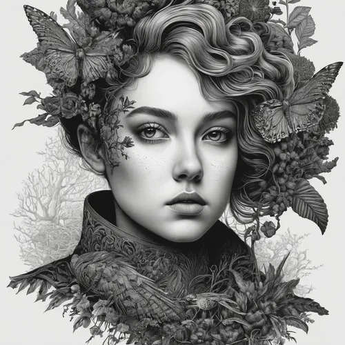 flora,fantasy portrait,girl in a wreath,dryad,laurel wreath,hydrangea,artemisia,ivy,digital illustration,digital painting,graphite,wilted,hydrangeas,linden blossom,floral wreath,girl in flowers,kahila garland-lily,chrysanths,blooming wreath,rose wreath,Illustration,Black and White,Black and White 09